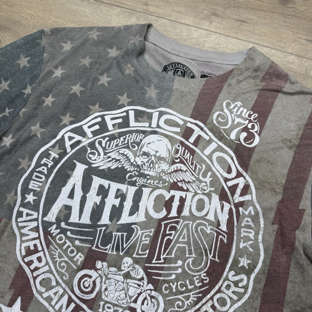 Affliction Live Fast USA Flag S/S T Shirt Men's Sz XXL Wings Skull Biker